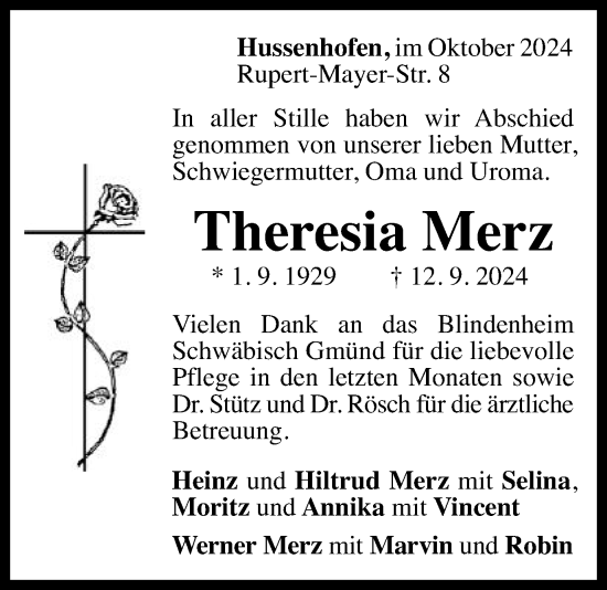 Traueranzeige von Theresia Merz von Gmünder Tagespost