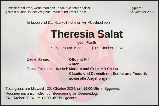 Traueranzeige von Theresia Salat von Schwäbische Post