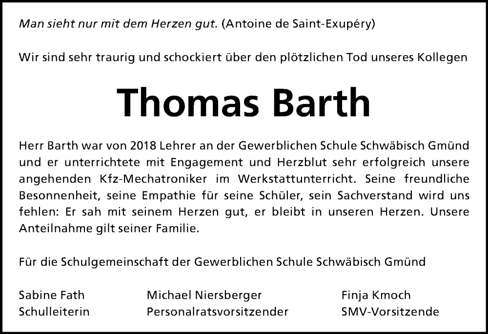  Traueranzeige für Thomas Barth vom 30.10.2024 aus Gmünder Tagespost