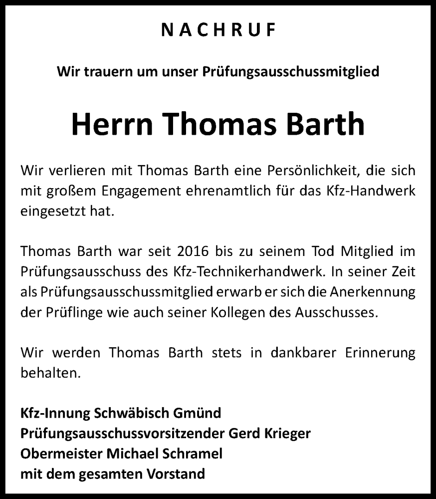  Traueranzeige für Thomas Barth vom 31.10.2024 aus Gmünder Tagespost
