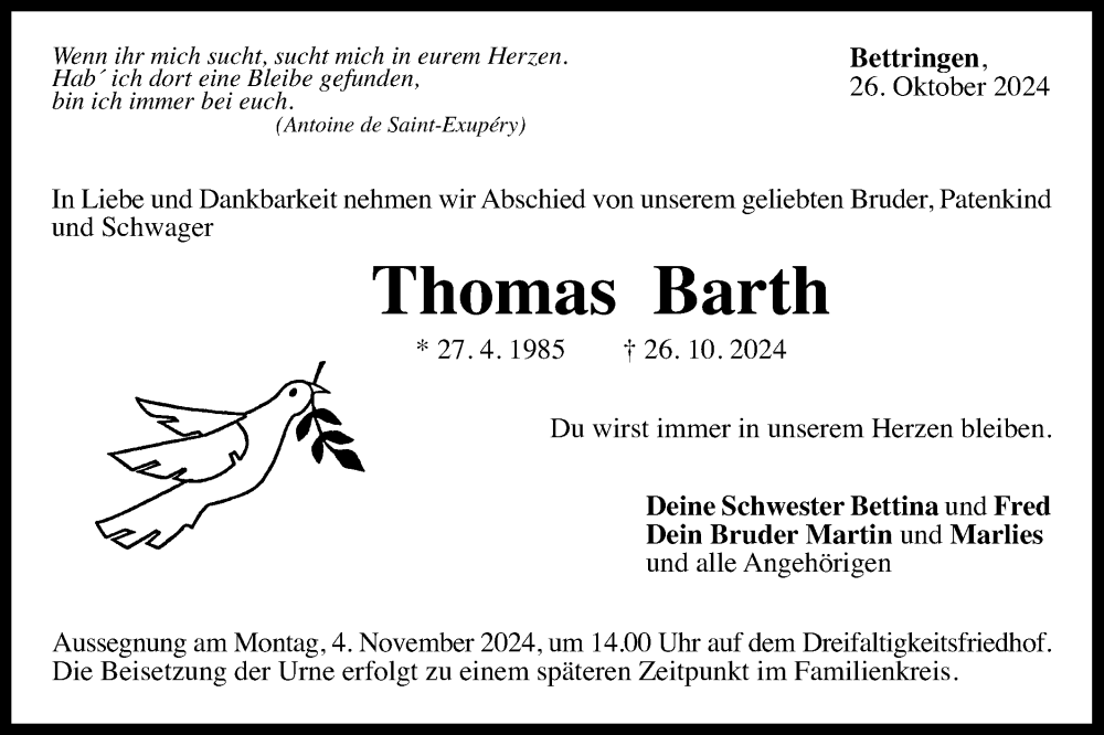  Traueranzeige für Thomas Barth vom 30.10.2024 aus Gmünder Tagespost