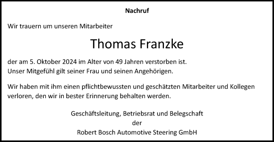 Traueranzeige von Thomas Franzke von Gmünder Tagespost
