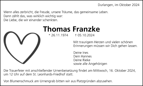 Traueranzeige von Thomas Franzke von Gmünder Tagespost