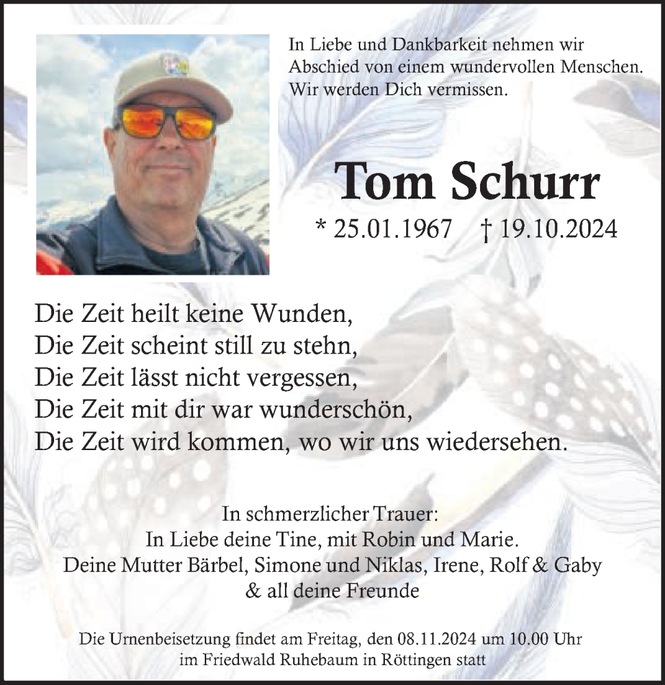  Traueranzeige für Tom Schurr vom 31.10.2024 aus Schwäbische Post
