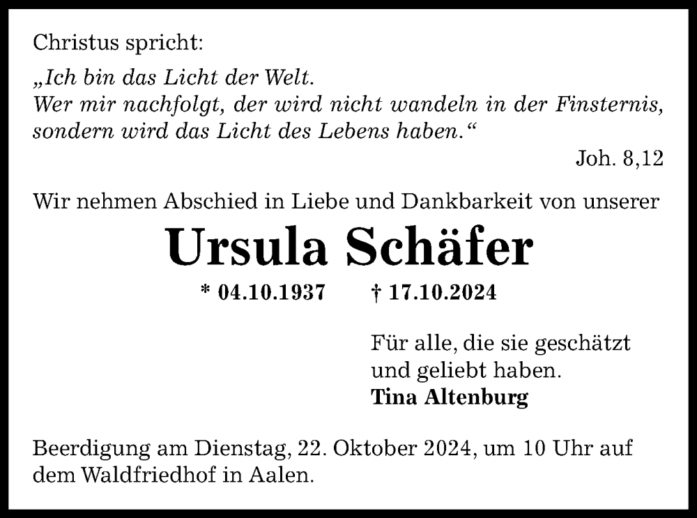  Traueranzeige für Ursula Schäfer vom 19.10.2024 aus Schwäbische Post