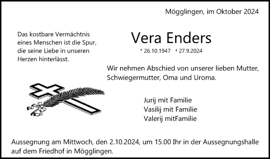 Traueranzeige von Vera Enders von Gmünder Tagespost
