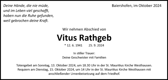 Traueranzeige von Vitus Rathgeb von Schwäbische Post