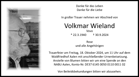 Traueranzeige von Volker Wieland von Schwäbische Post