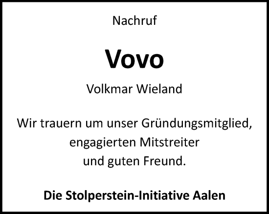 Traueranzeige von Volkmar Wieland von Schwäbische Post