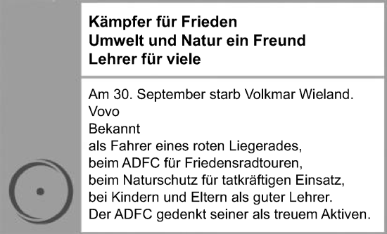 Traueranzeige von Volkmar Wieland von Schwäbische Post
