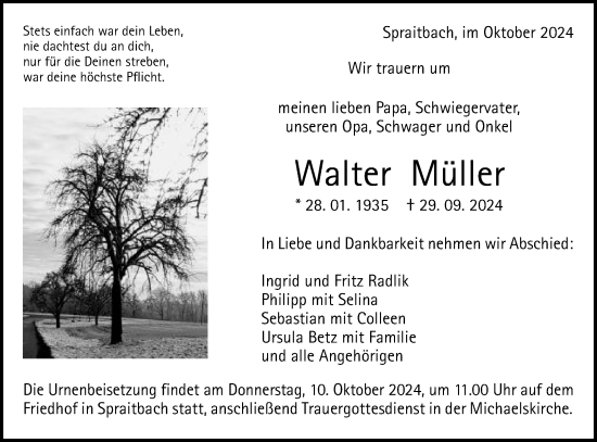 Traueranzeige von Walter Müller von Gmünder Tagespost