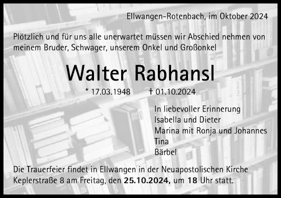 Traueranzeige von Walter Rabhansl von Schwäbische Post
