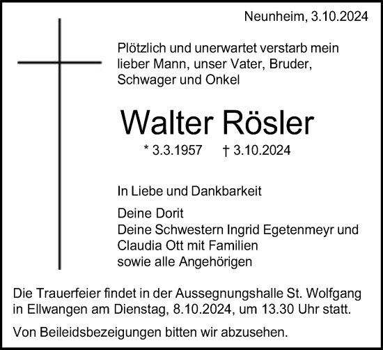 Traueranzeige von Walter Rösler von Schwäbische Post