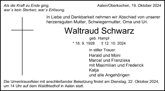 Traueranzeige von Waltraud Schwarz von Schwäbische Post