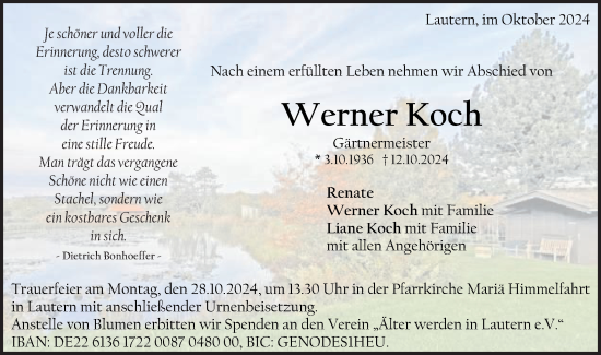 Traueranzeige von Werner Koch von Gmünder Tagespost