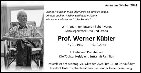 Traueranzeige von Werner Kübler von Schwäbische Post