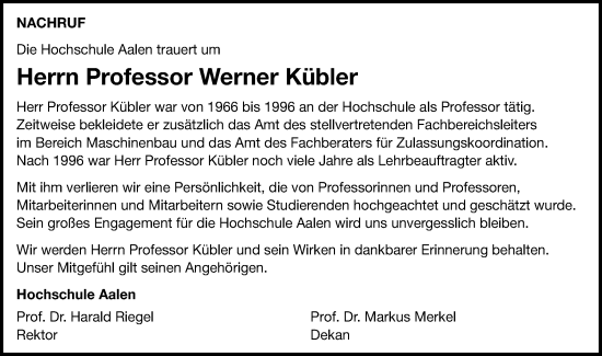 Traueranzeige von Werner Kübler von Schwäbische Post