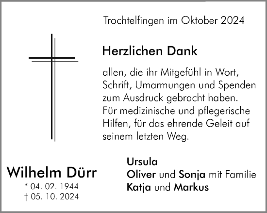 Traueranzeige von Wilhelm Dürr von Schwäbische Post