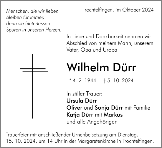 Traueranzeige von Wilhelm Dürr von Schwäbische Post