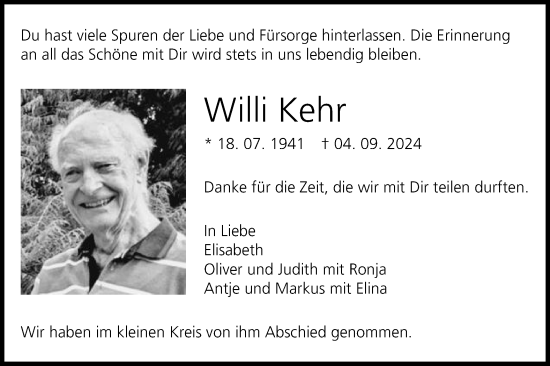 Traueranzeige von Willi Kehr von Gmünder Tagespost