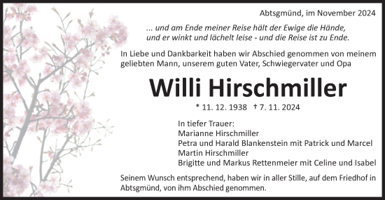 Traueranzeige von Willi Hirschmiller von Schwäbische Post