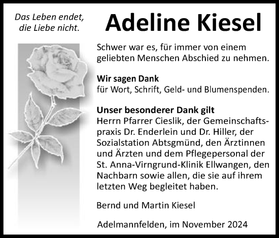Traueranzeige von Adeline Kiesel von Schwäbische Post