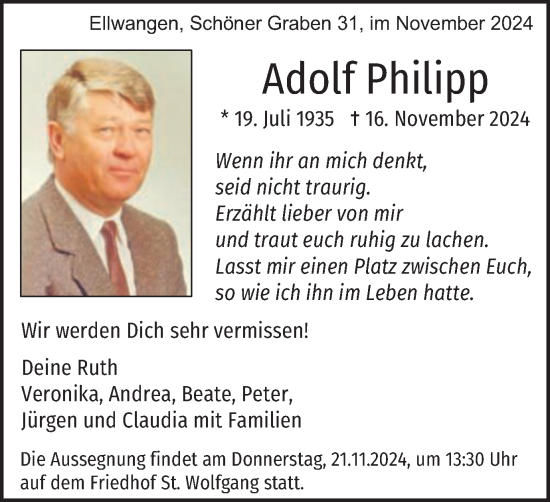 Traueranzeige von Adolf Philipp von Schwäbische Post