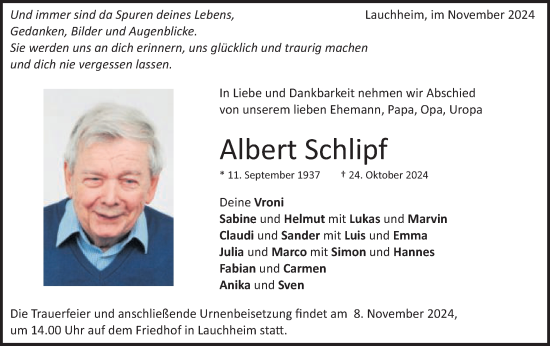 Traueranzeige von Albert Schlipf von Schwäbische Post