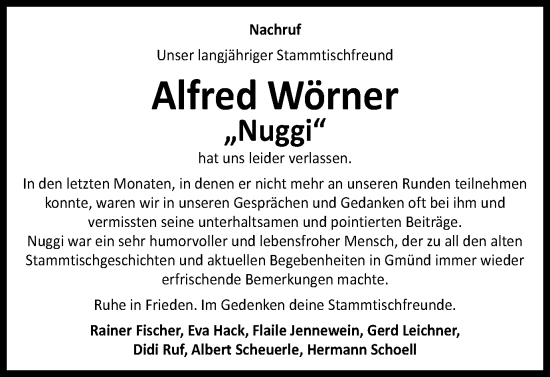 Traueranzeige von Alfred Wörner von Gmünder Tagespost
