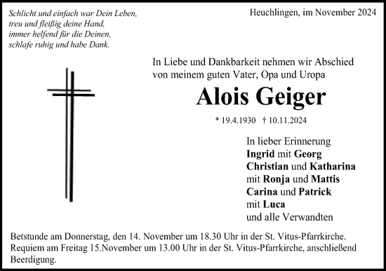 Traueranzeige von Alois Geiger von Gmünder Tagespost