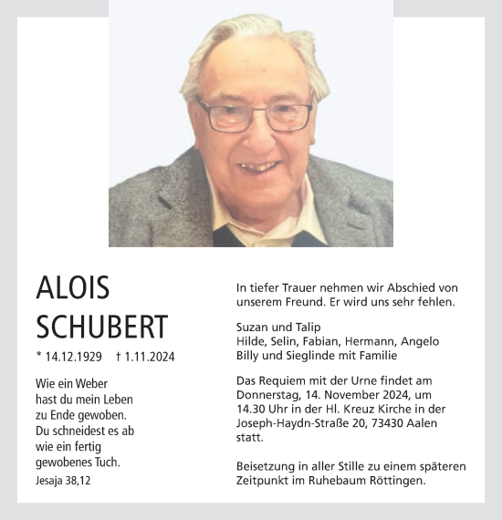 Traueranzeige von Alois Schubert von Schwäbische Post
