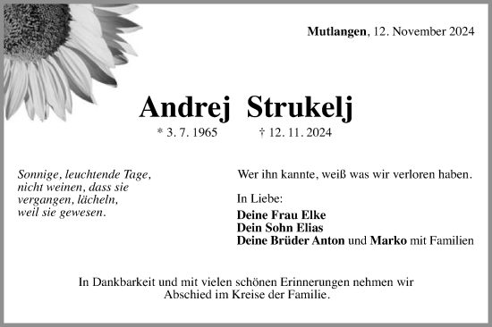 Traueranzeige von Andrej Strukelj von Gmünder Tagespost