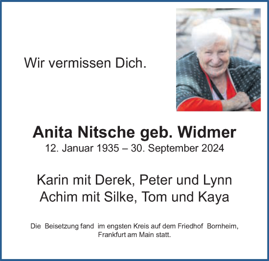 Traueranzeige von Anita Nitsche von Schwäbische Post