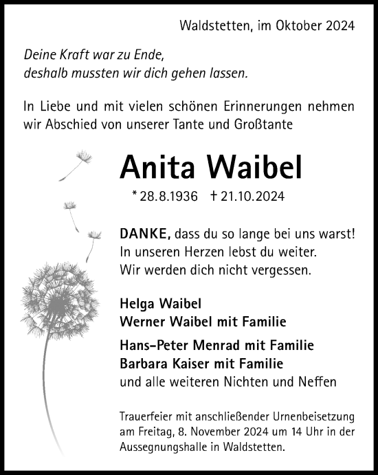 Traueranzeige von Anita Waibel von Gmünder Tagespost