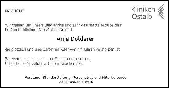 Traueranzeige von Anja Dolderer von Schwäbische Post