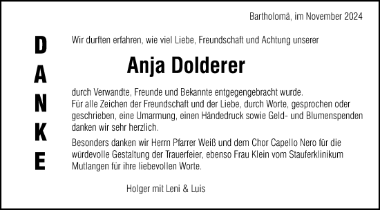 Traueranzeige von Anja Dolderer von Gmünder Tagespost