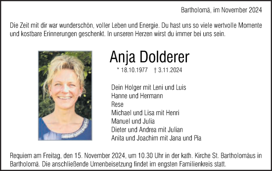 Traueranzeige von Anja Dolderer von Gmünder Tagespost