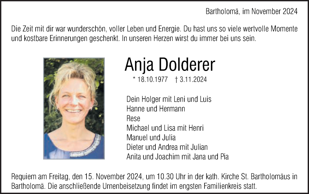  Traueranzeige für Anja Dolderer vom 12.11.2024 aus Gmünder Tagespost