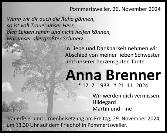 Traueranzeige von Anna Brenner von Schwäbische Post