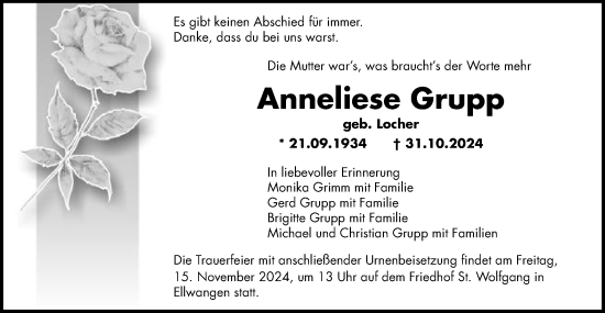 Traueranzeige von Anneliese Grupp von Schwäbische Post