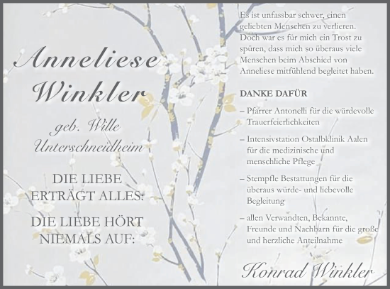 Traueranzeige von Anneliese Winkler von Schwäbische Post