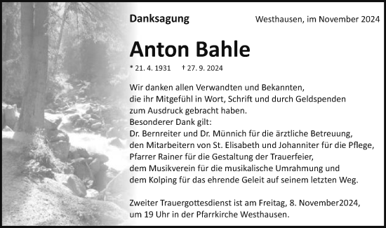 Traueranzeige von Anton Bahle von Schwäbische Post
