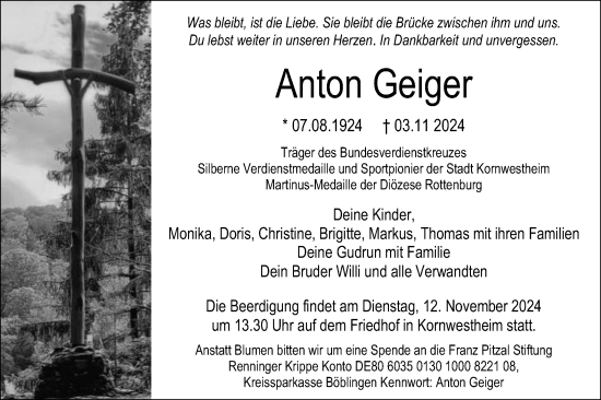 Traueranzeige von Anton Geiger von Schwäbische Post
