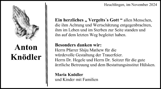 Traueranzeige von Anton Knödler von Gmünder Tagespost