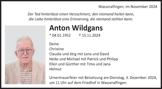 Traueranzeige von Anton Wildgans von Schwäbische Post