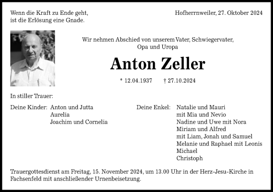 Traueranzeige von Anton Zeller von Schwäbische Post