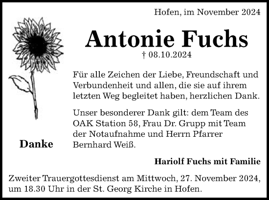 Traueranzeige von Antonie Fuchs von Schwäbische Post