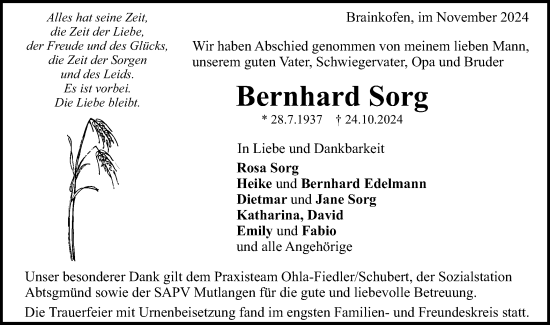 Traueranzeige von Bernhard Sorg von Gmünder Tagespost