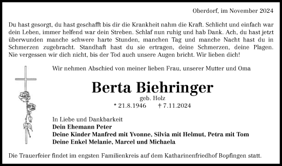 Traueranzeige von Berta Biehringer von Schwäbische Post
