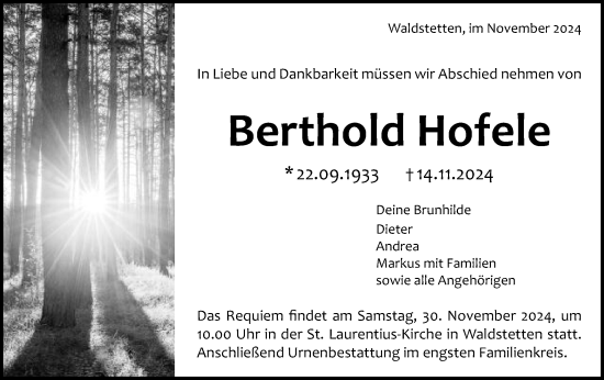 Traueranzeige von Berthold Hofele von Gmünder Tagespost